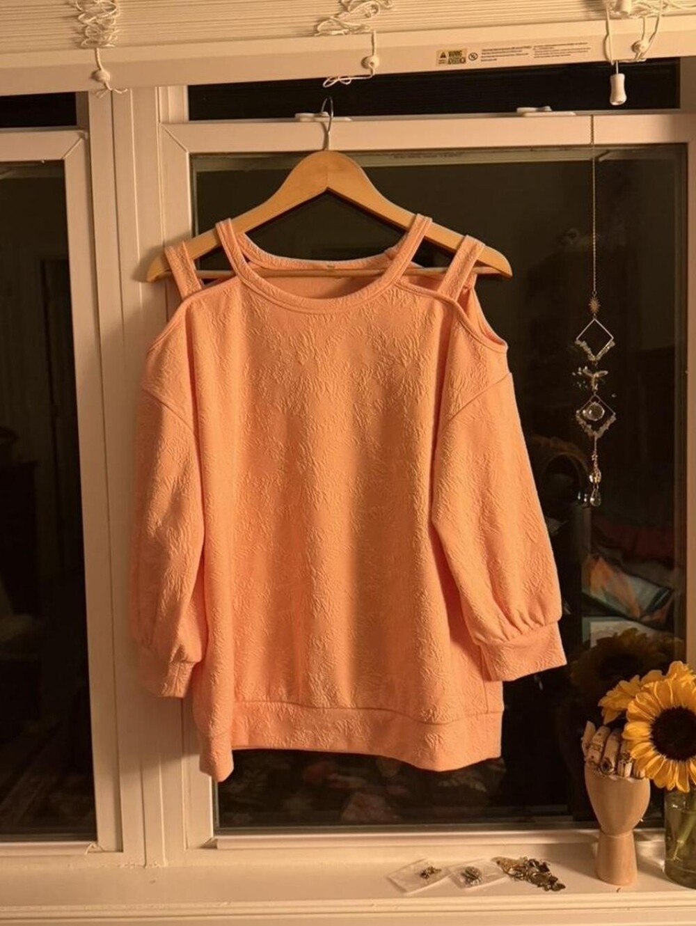 Cato Peachy Pink Cold-Shoulder Textured Sweatshirt